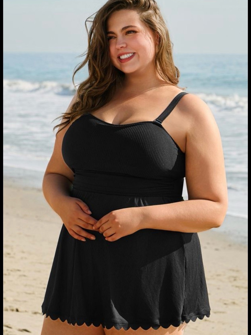 Black Plus-Size Swimdress with Scallop Hem